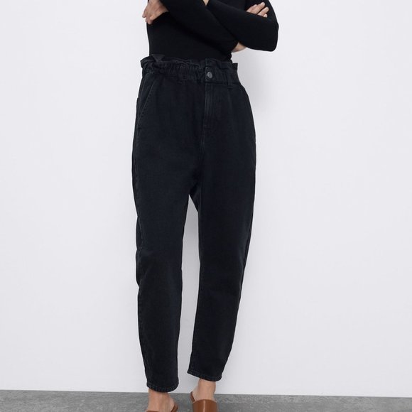 Zara Black Baggy Paperbag Mom Jeans 100% Cotton High Waisted Size 6